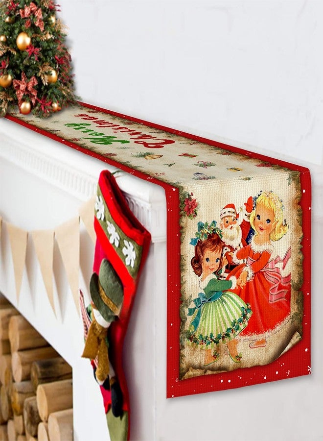 Racenaf Vintage Christmas Table Runner Christmas Decors-Red Vintage Style Santa Claus Girls Merry Christmas Winter Xmas Home Kitchen Dining Table Decor, Christmas Party Decors 13 x 72 Inch - Image 4
